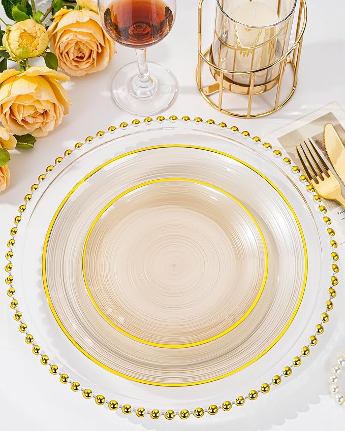 Morejoy 175PCS Clear Brown Plastic Plates - Disposable Gold Party Plates & Pre Rolled Napkins with Cutlery for 25 Guests, 50Plates, 75Silverware, 25Cups, 25Napkin for Wedding & Party