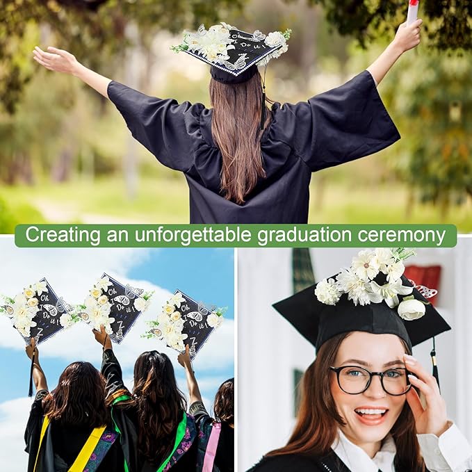 TKNOUS White Flower DIY Graduation Cap Decorations - Artificial Flower Heads, 3D Butterfly & Alphabet Letter Stickers, Glitter Paper for Art DIY Hat Grad Cap Topper