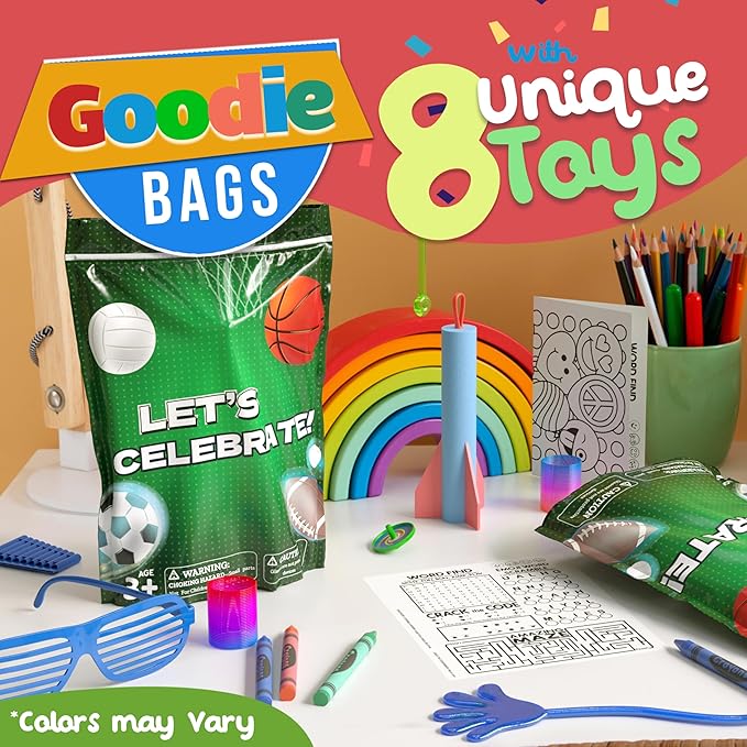Crown Display Party Favors for Kids 10 Pre Filled Party Favor Bags - Sports Fun Goodie Bags Stuffers for Kids with Fidget Toys and Small Toys Goody Bag Stuffers - Party Favors for Kids 4-8