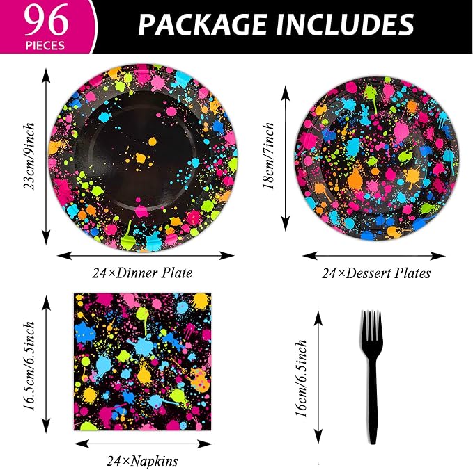 Neon Party Supplies for 24 Guests Neon Plates and Napkins Tableware Set Glow Disposable Paper Dinnerware Colorful Graffiti Birthday Party Decoration Favor Birthday Baby Shower Celebration，96 Pieces