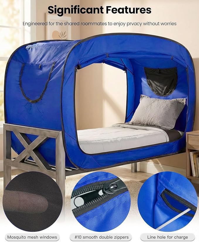 ANC POP Bed Tent Twin Bed Canopy Portable Dream Tent for Adult Indoor Sleeping Tents with 2 Doors Breathable Private Space Tents, Blue