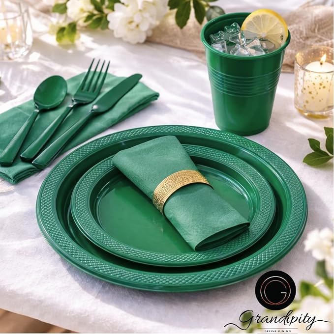 Grandipity 350 Piece Green Disposable Dinnerware Set, Includes 50 of Each: 9" Dinner Plates, 7" Dessert Plates, 12oz Cups, Paper Napkins, Forks, Knives & Spoons