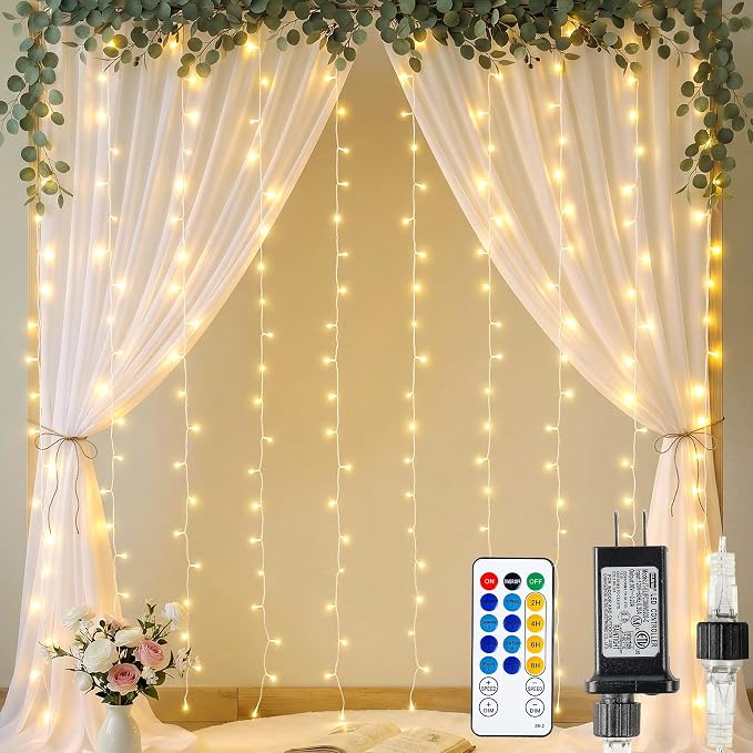 HEYFUNi 6.6FT x 6.6FT Warm White Curtain Lights Plug in, 200 LED | Window String Lights With Remote, 8 Modes, Timer, Memory, Connectable Fairy Lights for Bedroom, Wall, Wedding, Dorm Decor