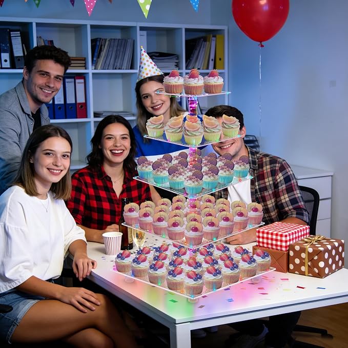 YestBuy Cupcake Stand – 5 Tier Premium Cupcake Holder – Acrylic Cupcake Tower Display – Cady Bar Party Décor – Acrylic Display for Pastry + LED Light String – Ideal for Weddings, Birthday (Colorful)