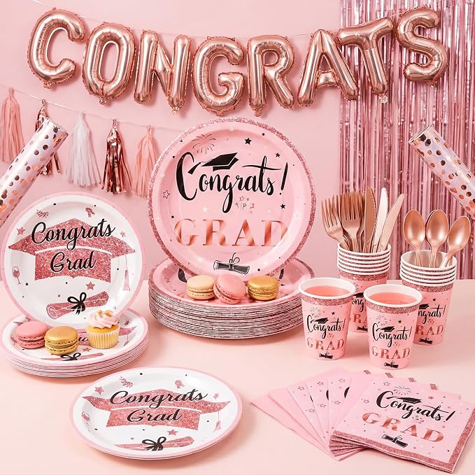 Domensi 400 Pcs 2026 Graduation Decorations Plates and Napkins and Cups Set Serve 50, Pink and Gold Graduation Party Supplies, Class of 2026 Paper Tableware 9oz Cup Knife Fork Spoon Congrats Grad