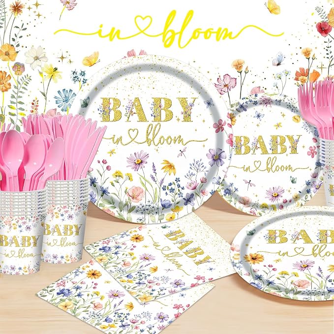 Wildflower Baby shower Plates and Napkins Party Supplies - 175PCS Spring Floral Baby in Bloom Paper Plates BabyShower Birthday Decorations Disposable Tableware Sets for Spring Summer, Serve 25 Guests