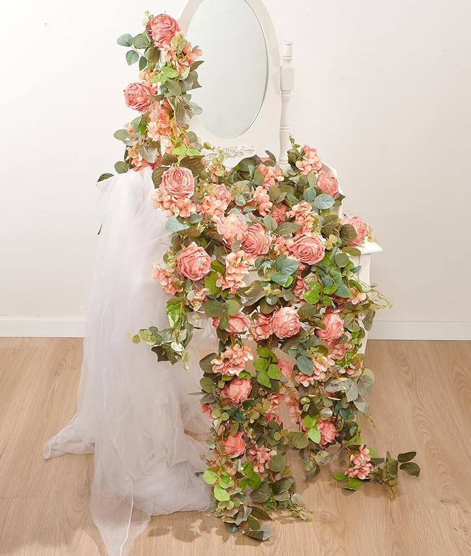 PONKING Flower Garland Artificial Rose & Hydrangea Vine Hanging Fake Flowers Vines for Wedding Birthday Party Valentines Christmas Room Wall Arch Decor, 1 Rose & 1 Hydrangea Dark Pink Floral Garland