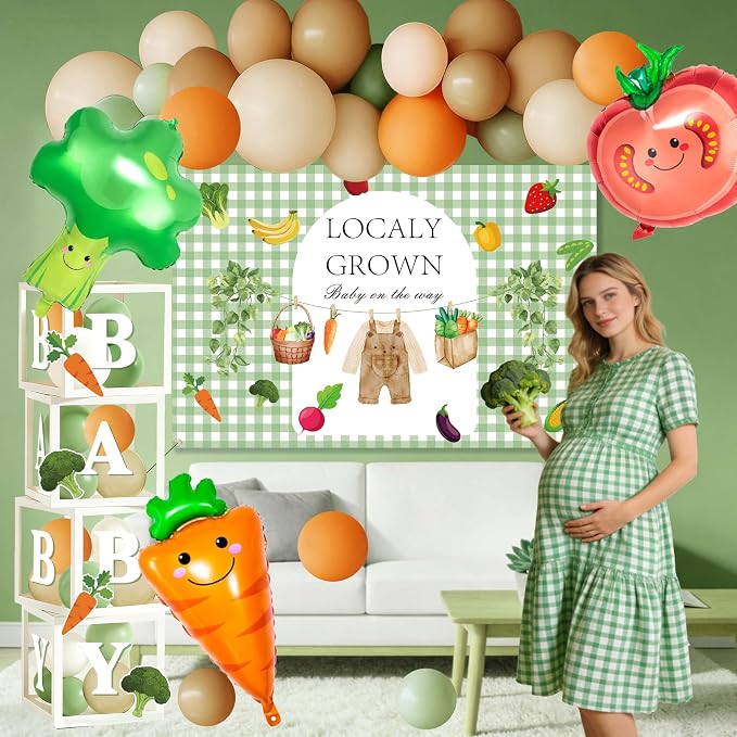 Locally Grown Baby Shower Decorations - Farmers Market Theme Party Supplies Include Balloon Garland Arch, Backdrop, 4 Boxes, 3 Vegetable Foil Balloons - Garden Fresh Veggie Decor Sage Green Neutral