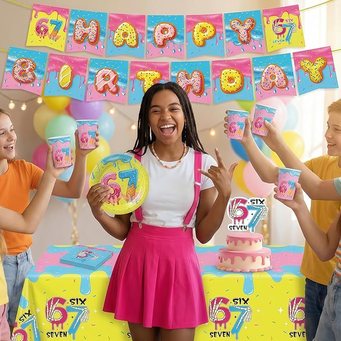 172pcs Ice Cream Birthday Party Supplies 6 7 Birthday Plates Napkins Six Seven Themed Tableware Set Paper Cups Banner Tablecloths Cake Topper Party Decorations for Kids Boys Girls Serve 24