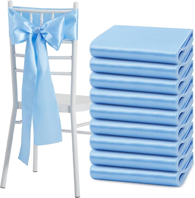 10 Pcs Light Blue Satin Chair Sashes Bows Universal Chair Cover for Wedding Reception Events Banquets Party, Hotel Event Decorations, 6 x 108 inch