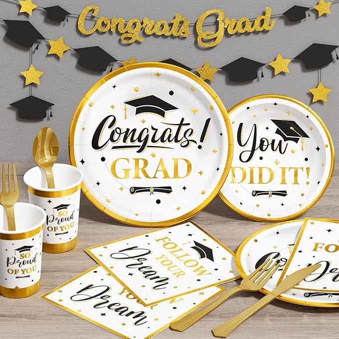 Ecomore Graduation Decoration Class of 2026, 350PCS Graduation Party Supplies Disposable Dinnerware(Serve 50) with Paper Plates Cup Napkin Fork Knife Spoon College High School Grad Decor(White & Gold)