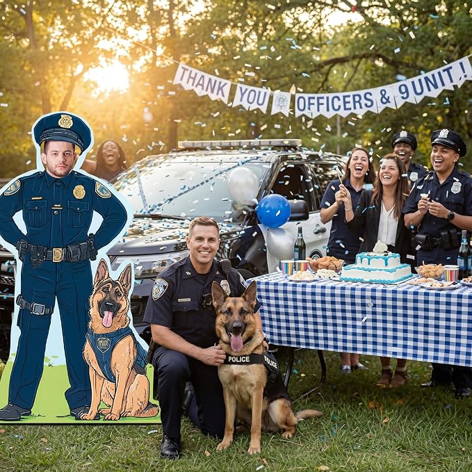 Amyhill Police Theme Party Decoration 4.9 ft Policemen with Dog Cardboard Photo Prop Officer Cutout Stand-up Life Size Backdrop for Police Theme Birthday Party Supplies Celebrations Memorial Event