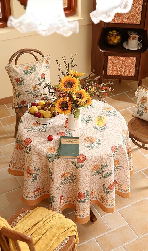 patdrea Vintage Linen Tablecloth,Round,Diameter 55"-RosaSilvestre A | French Heavyweight Table Cloth for Round Table,Yellow Floral Patterned,Dining Room Kitchen Tea Party Decoration