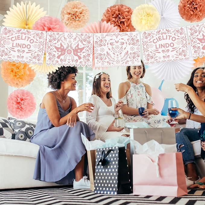 18 Pcs Cielito Lindo Party Decoration Cielito Lindo Decorations Hanging Paper Fans Pom Poms and Paper Banner for Bridal Shower, Fiesta, Engagement, Mexican Baby Shower (Pink)