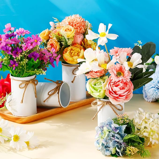 Rustic Vase for Table Centerpieces 4.33 Inch Small Petite Flower Vase with Twine Bow Vintage Farmhouse Decor for Wedding Reception Dining, Home Galvanized Metal Buckets(White,12 Pcs)