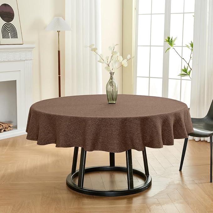 BALCONY & FALCON Round Tablecloth Washable Wrinkle Resistant and Water Proof Table Cloth Decorative Linen Fabric Tablecloths for Dining Parties Kitchen Wedding and Outdoor Use(Brown, 107" Round)