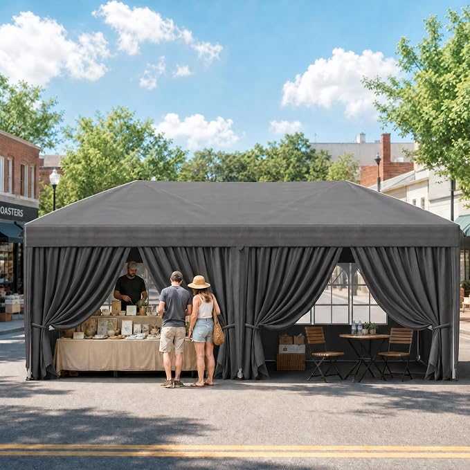 10x20 FT Portable Pop Up Canopy Tent, Adjustable Height Instant Gazebo with Sidewalls, Sandbags,Outdoor Canopy for Camping, Parties, Vendor Events (Grey with Reflective Strip, 3m × 6m with sidewalls)