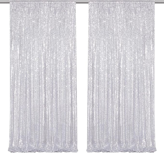Silver Sequin Backdrop Curtains-2 Panels 4FTx8FT Silver Backdrop for Valentines Day, Glitter Party Decorations Background Drapes for Wedding Birthday Anniversary Graduation Photo Booth Decor