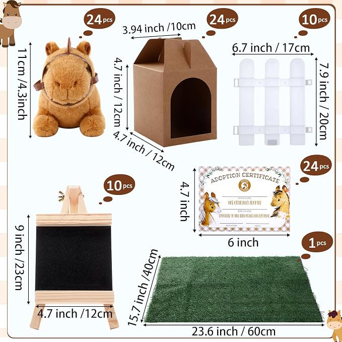 Blueweenly 84 Pcs Adopt a Pet Party Supplies 24 Mini Animals 10 White Plastic Fence 24 Paper Gift Boxes 24 Adoption Cards with Mini Chalkboard and Artificial Lawn(Brown Pony)