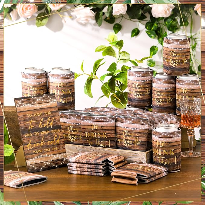 SiliFine 101 Pcs Wood Grain Wedding Can Cooler Bulk Engagement Party Favors for 100 Guests Cheers to Love Laughter, and I'll Drink Can Cooler with Wooden Wedding Table Sign Bridal Shower Favor