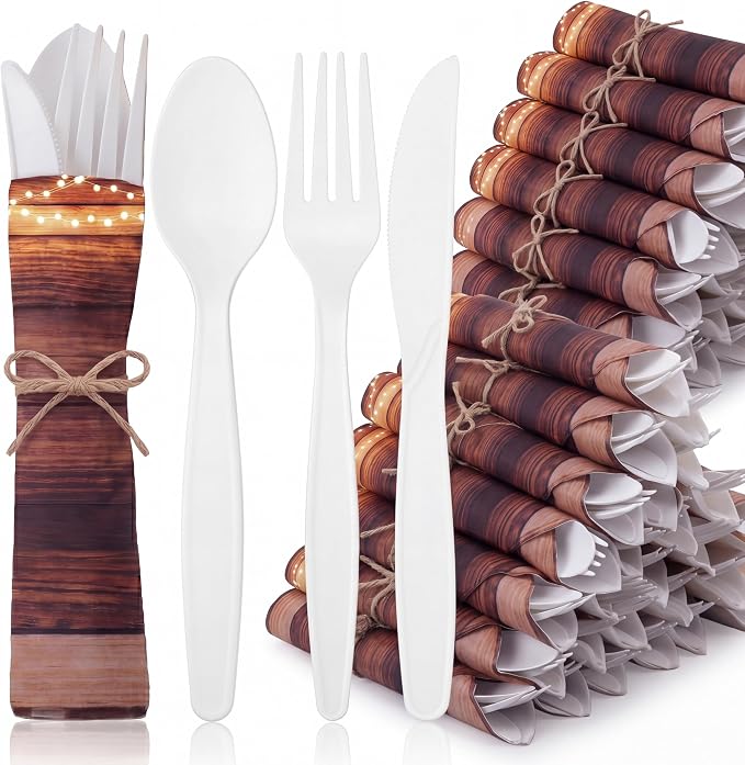 400 Pcs Rustic Wood Grain Wedding Supplies Biodegradable Disposable Tableware Set for 100 Guests Knives Spoon Fork Paper Napkins for Bridal Shower Camping Birthday Forest Themed Party
