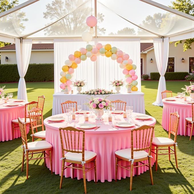 72 Inch Pink Round Tablecloth,Washable Stretchy Fitted Circular Table Cover with Elastic Edge for 6FT Round Table, Reusable Tablecloth for Wedding Banquet Party Birthday Buffet Dining