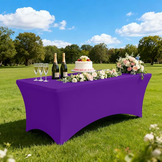 Moosfor Spandex Elastic Fitted 6FT Rectangle Tablecloth 6 Pack, Stretch Washable Reusable Table Cover for Outdoor Picnic, Dining, Wedding, Banquet & Party Events (Purple, 72Lx30Wx30H Inch)