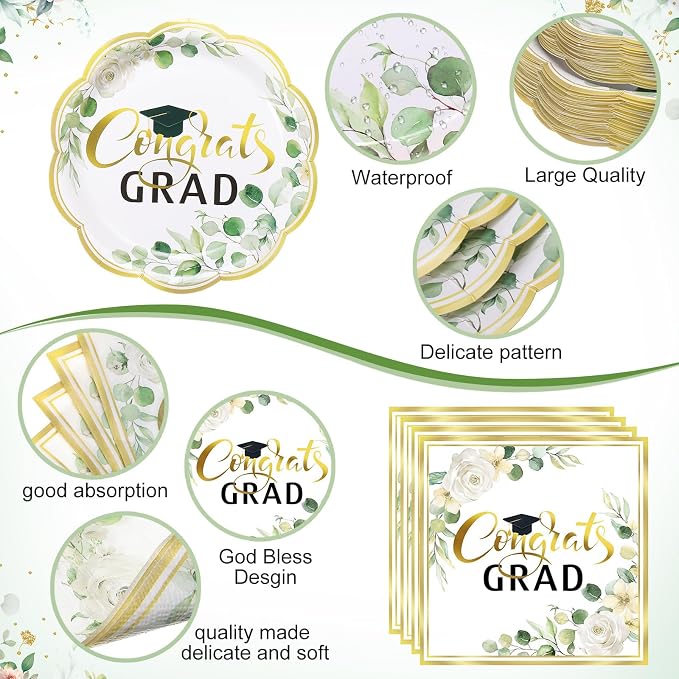 Funnymoom 452 Pcs Class of 2026 Sage Green Graduation Decoration Party Supply for 50, Green Gold Eucalyptus Congrats Grad Paper Plates Napkins Cup Tablecloth Cutlery for Freshly Graduated Decoration