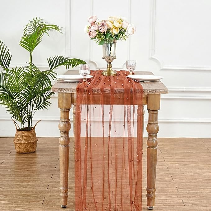 Pearl Gauze Table Runner Tulle Fabric: 10ft Seasonal Dessert Chiffon Pearl Lace Boho Overlay Wedding Veil Outdoor Wedding Aisle Runner Party Decorations Doilies, Terrcotta
