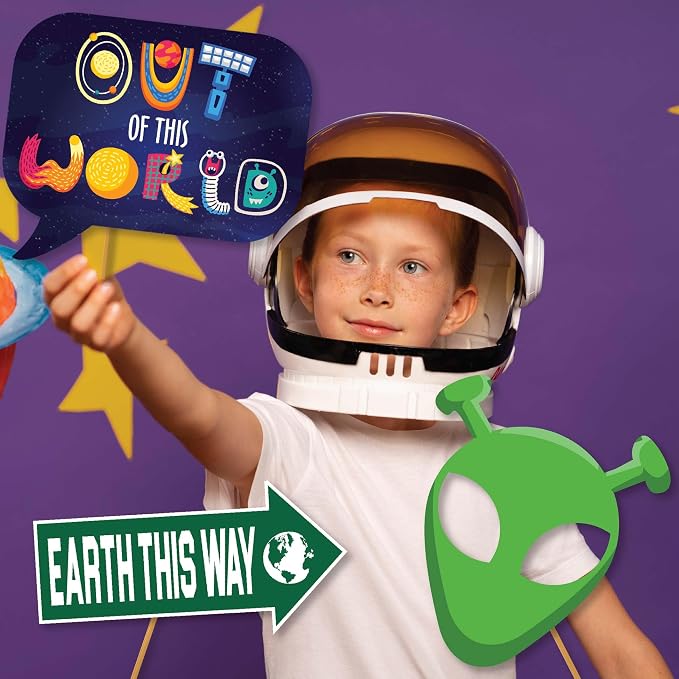 Space Photo Booth Props - 41-pc Photobooth Kit with 8 x 10-Inch Sign, 60 Adhesive Pads, 45 Sticks - Space Party Decor - Space Props - Out of This World Party Decorations