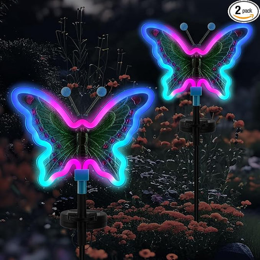 Solar Butterfly Lights Outdoor,Butterfly Solar Lights for Outside, Solar Garden Decor, Outdoor Garden neon Lights,Pathway Butterfly Lights, Gifts for mom (Light Blue,2pack)