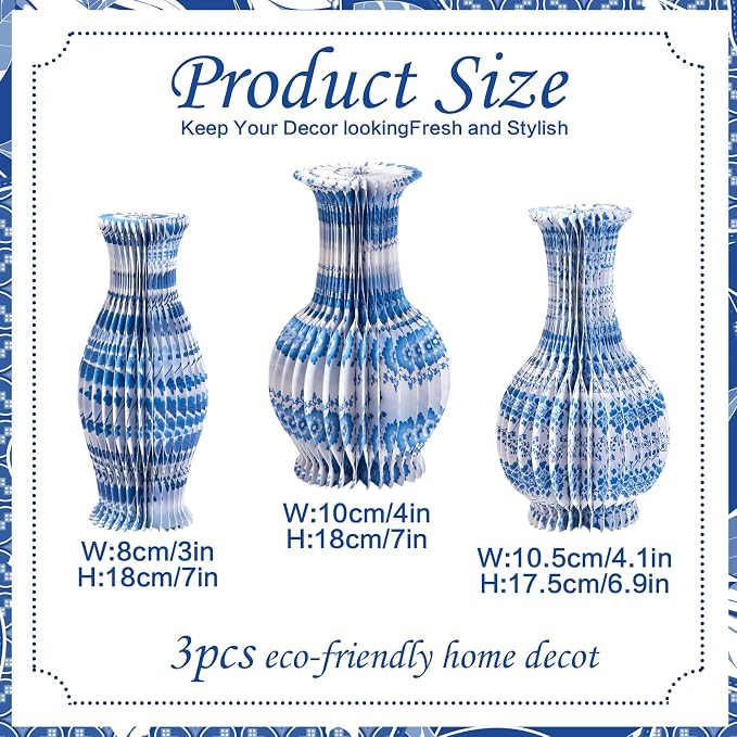 SUNBEAUTY 3 Pcs Blue and White Paper Honeycomb Vases, Mini Chinoiserie Vintage Paper Vase Set with Magnetic Closure, Chinese Style Table Centerpieces for Wedding,Baby Shower, Home & Party Decor