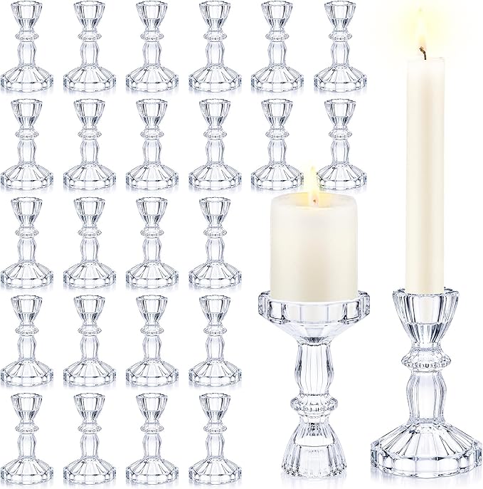 Sieral 24 Pcs Clear Taper Candle Holders 4'' Tall Candlestick Glass Holders Bulk Decorative Striped Design Stand Wedding Stick Holder for Anniversary Party Dining Table Festival Decor