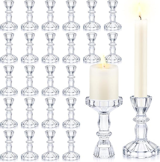 Sieral 24 Pcs Clear Taper Candle Holders 4'' Tall Candlestick Glass Holders Bulk Decorative Striped Design Stand Wedding Stick Holder for Anniversary Party Dining Table Festival Decor