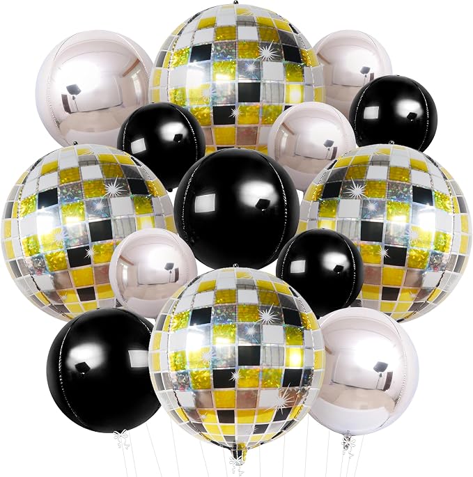 KatchOn, Disco Ball Balloons - Big 22 Inch, Pack of 14 | Black and Silver Balloons for Gold Party Decorations, Karaoke Party Decorations | 4D Sphere Metallic Balloons Disco Party Decorations