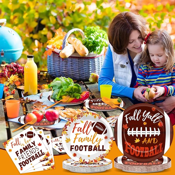 96 Pcs Football Fall Party Supplies Football and Fall Y'all Tableware Plates Napkins Rustic Football Autumn Dinnerware Table Decorations Maple Leaves Thanksgiving Holiday Party Favor for 24 Guests