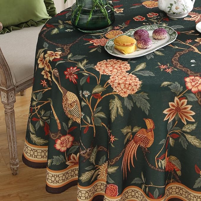 ISAENNE Designer Linen Green Round Tablecloth,Diameter 67"-Mitchell | Vintage Elegant Table Cloth for Round Table,Floral and Bird Pattern,Heavyweight,Dining Room,Kitchen,Thanksgiving,Decor