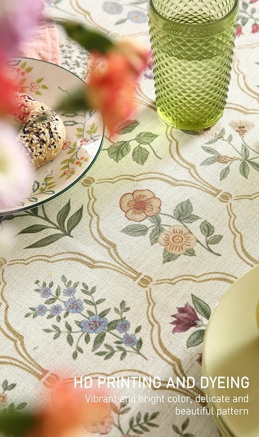 ISAENNE Designer Vintage Round Linen Tablecloth,Diameter 67"-Serenity B | Elegant Colorful Floral Pattern Beautiful Durable Heavyweight Table Cloth for Dining Room Tea Party Kitchen Thanksgiving