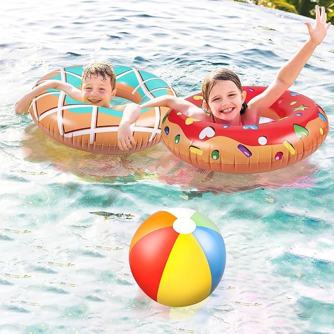 90shine 7-Pack Donut Pool Floats: Inflatable Floaties Rings and Beach Balls, Floating Tubes & Toys for Kids Adults, Swimming Beach Pool Party Decorations