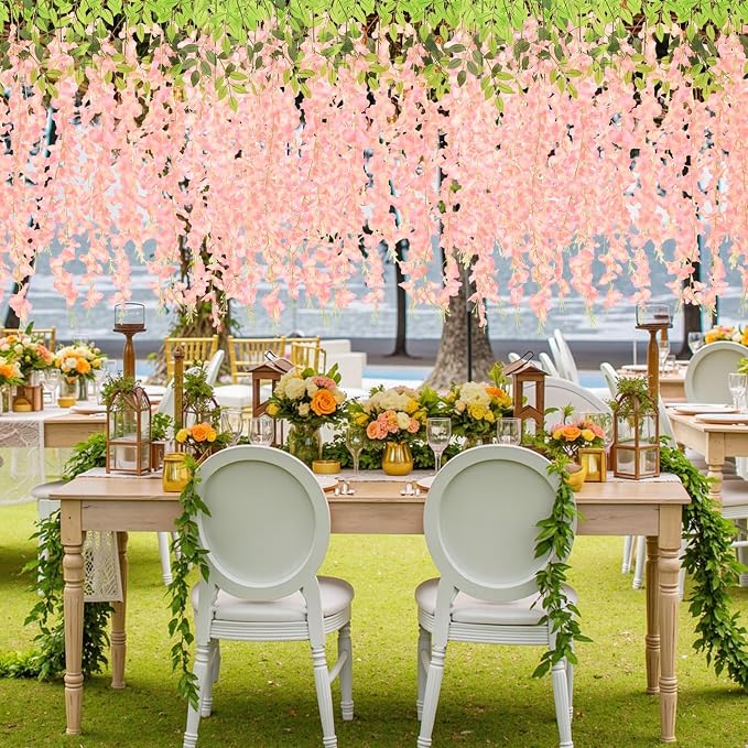 48Pcs Artificial Wisteria Hanging Flowers, 3.6Ft/Pcs Pink Fake Wisteria Garland for Wedding Party Home Garden Indoor Outdoor Decoration