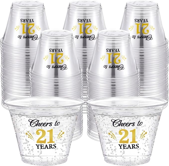 LemonRoad 100 Pack 21st Birthday Cup 9 oz Cheers to 21 Years Birthday Disposable Clear Plastic Cocktail Cups Hot Cold Beverage Drinks for Men Women Wedding Anniversary Decorations Party Favors