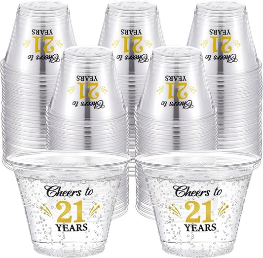 LemonRoad 100 Pack 21st Birthday Cup 9 oz Cheers to 21 Years Birthday Disposable Clear Plastic Cocktail Cups Hot Cold Beverage Drinks for Men Women Wedding Anniversary Decorations Party Favors