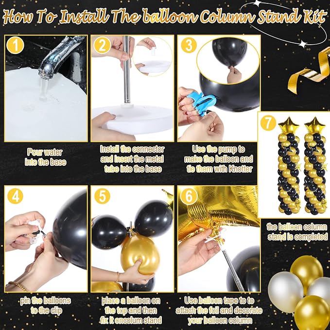 Gejoy 110 Pcs Black Gold Balloons Column Stand Kit Adjustable Tower Stand from 1.4 to 6.6 ft with Bases for Back to School Wedding Birthday Baby Shower Party