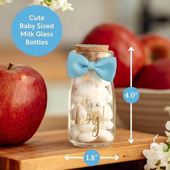 Ethisa Vintage 12 Pack It's a Boy Milk Glass Bottles with Ribbons and Stickers - Classy Baby Shower Favors for Guests and Table Centerpieces - Gender Reveal Boy Decorations - Baby Shower Candy Jar