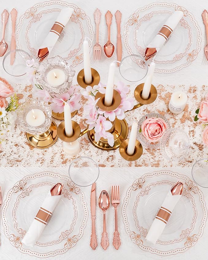 Ciaell 350 PCS Rose Gold Plastic Plates - Rose Gold Disposable Plates Dinnerware Include 50 Disposable Plate, 50 Heavy Duty Silverware, 50 Cups, 50 Napkins for Wedding & Anniversary & Mother's Day