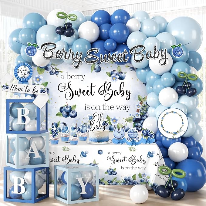 Blueberry Baby Shower Decorations, Worry-Free One-Stop Set Serves 25 Guests, with Blueberry Balloons Arch Kit, Backdrop, and Cake Toppers, Easy Setup for Berry Sweet Baby Shower Decorations