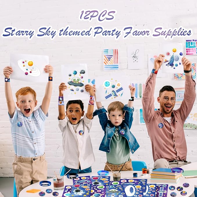 Space Party Favors, Space Themed Birthday Supplies, Including Gift Bag, Stickers, Silicone Wristbands, Badge, Notebook, Keychain, for Kids Birthday Goodie Bag Fillers Class Prizes
