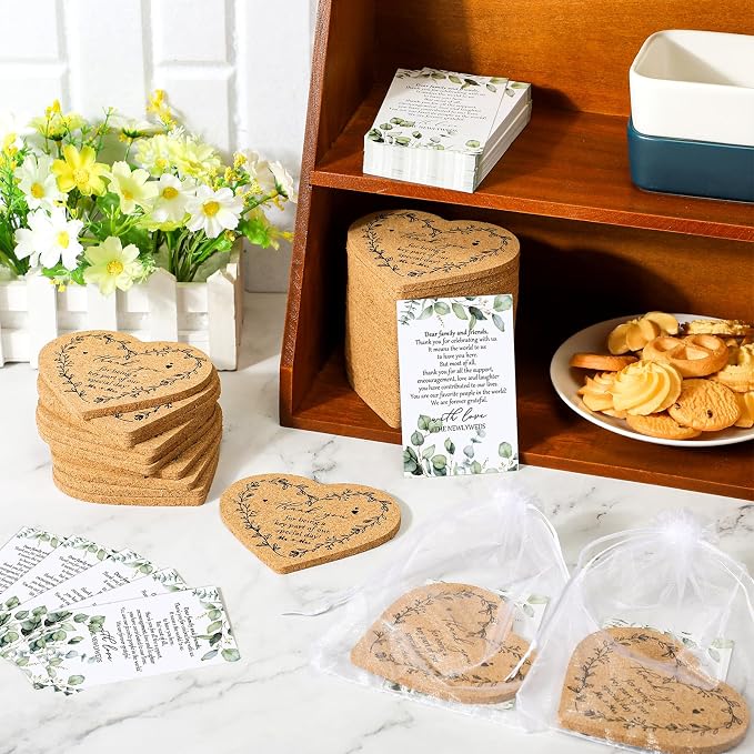100 Sets Rustic Wedding Favor Coasters, Heart Cork Coasters for Guests, Mr & Mrs Coaster Favors with Thank You Cards & Organza Bags, Bridal Shower Party