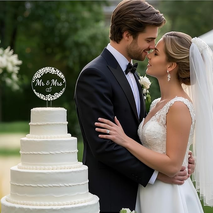 Coucoland Mr and Mrs Cake Topper - Round Acrylic Wedding Cake Decor with Elegant Pearls for Engagement Bridal Anniversary