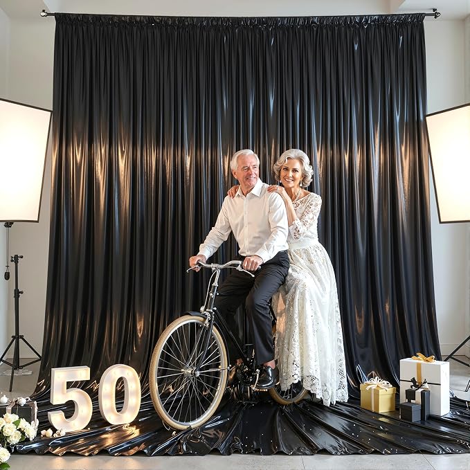 Black Glitter Backdrop Curtains - 10x12FT Satin Photo Backdrop, Wrinkle-Free Shimmer Back Drop Cloth Shiny Drapes for Photobooth Wedding Birthday Parties Photoshoot Background Decorations